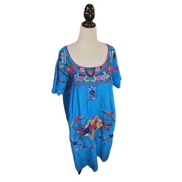 Blue 70s Embroidered Floral Kaftan Hpuse Dress Maxi Colourful - Picture 1 of 7